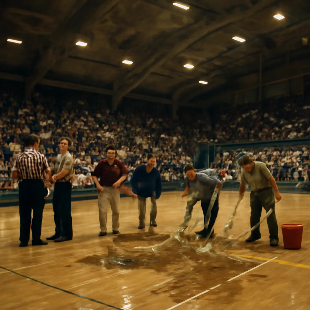 Indoor basketball court with drops of water visible on the wooden floor and a damp area near the center; bleachers partially filled with spectators and staff assessing the scene.