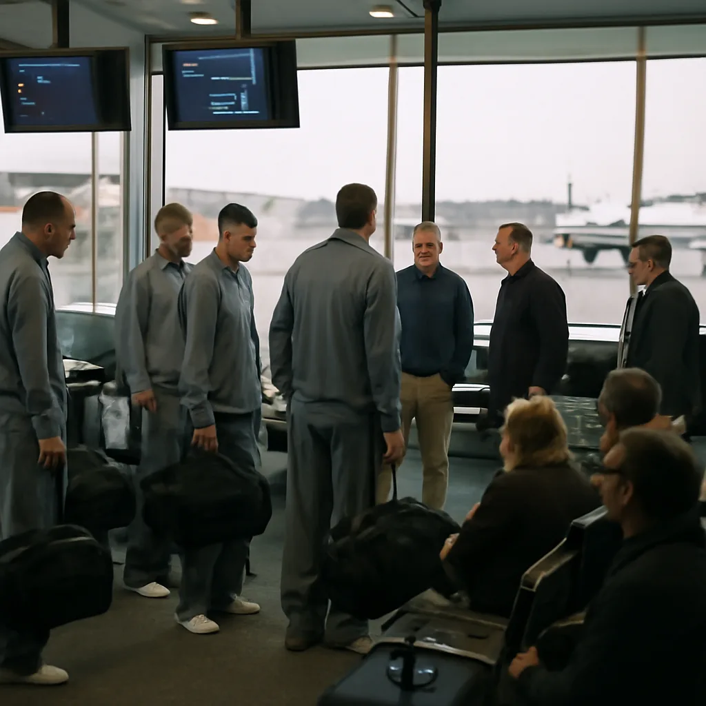 A college basketball team’s travel group standing in an airport gate area with luggage and team bags, showing crowded gate signage and boarding activity.