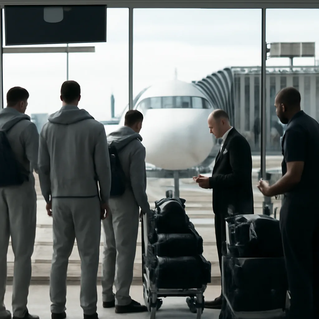 A college basketball team’s travel group at an airport gate area with luggage carts and staff checking documents; empty jet bridge and aircraft in background.