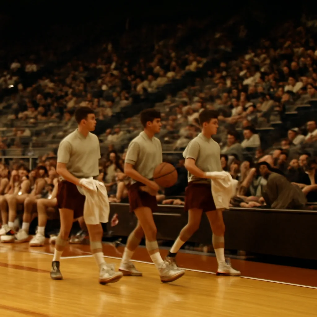 College basketball arena sideline scene showing volunteers in plain athletic attire carrying towels and basketballs near the team bench during the late 1980s.