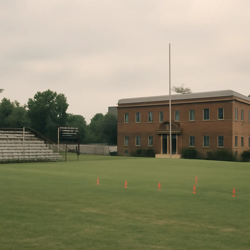 Exterior of a small college football stadium and campus administrative building in summer, 1980s style, empty practice field and folded bleachers.