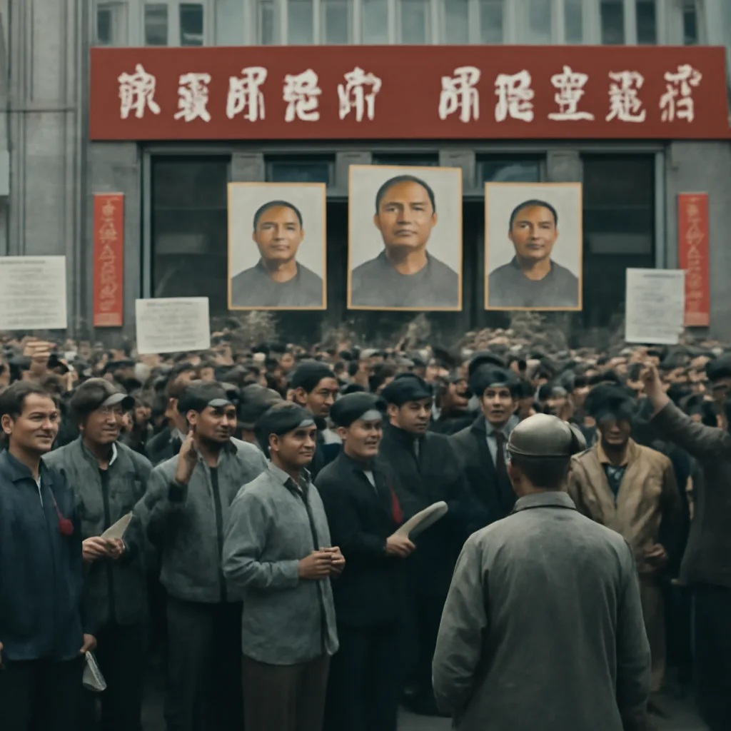 Large crowd in 1960s China gathered outside a government building with placards and banners; Red Guard-style armbands and Mao-era posters visible, with an atmosphere of public denunciation and mobilization.