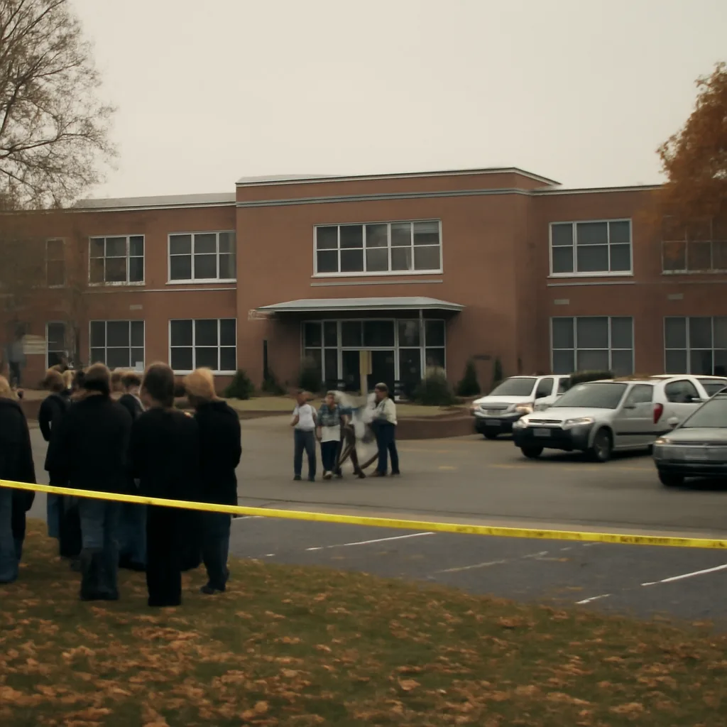 Exterior view of a small-town middle school building with police tape and emergency vehicles in front; community members gathered at a distance.