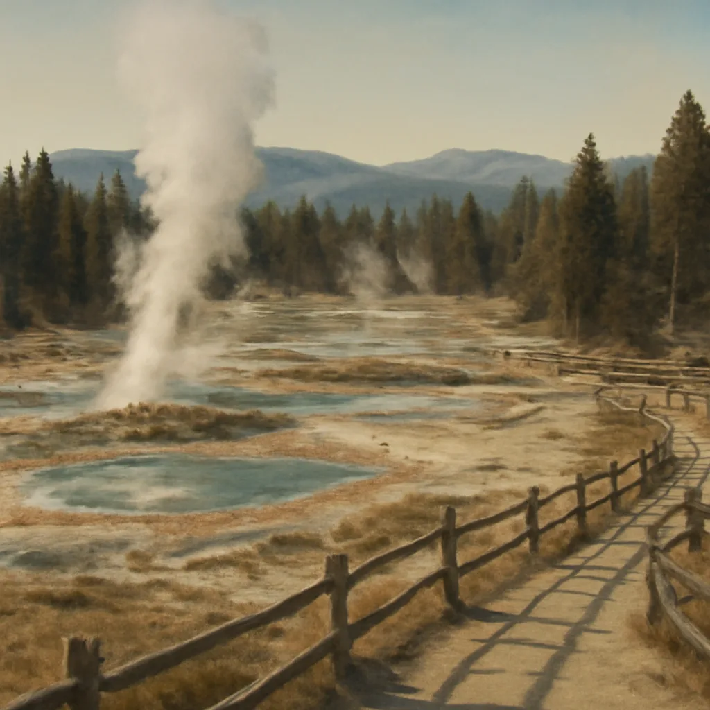 Historic-era wide view of Yellowstone landscape c. 1890s showing geothermal steam rising from hot springs amid pine forests and mountains, with no identifiable people.