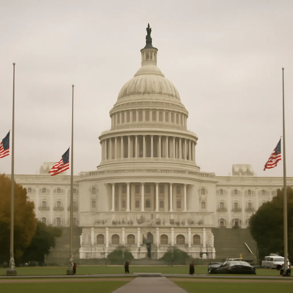 A Capitol Hill scene showing the U.S. Capitol building with American flags and somber early-2000s atmosphere; no identifiable faces.