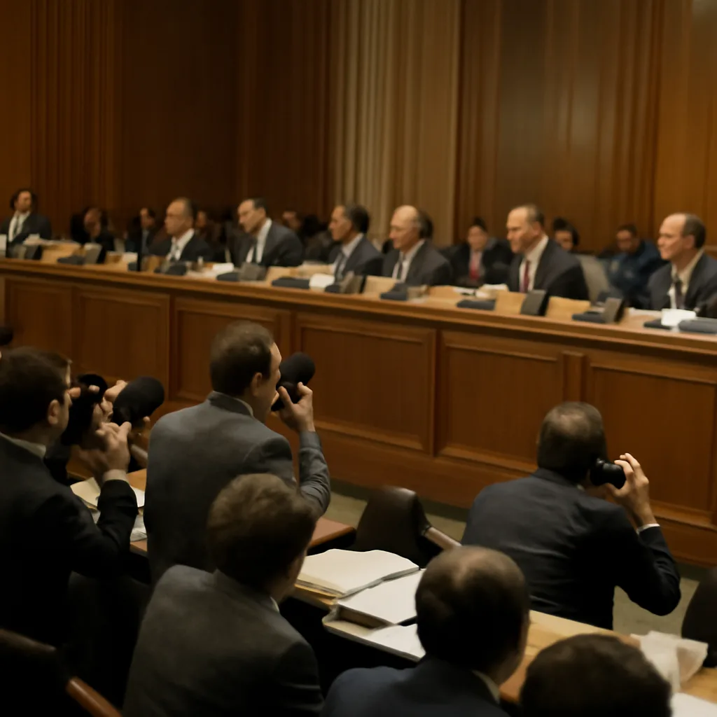 1987 congressional hearing room with lawmakers at a long dais, microphones and stacks of documents, and a crowded public gallery.