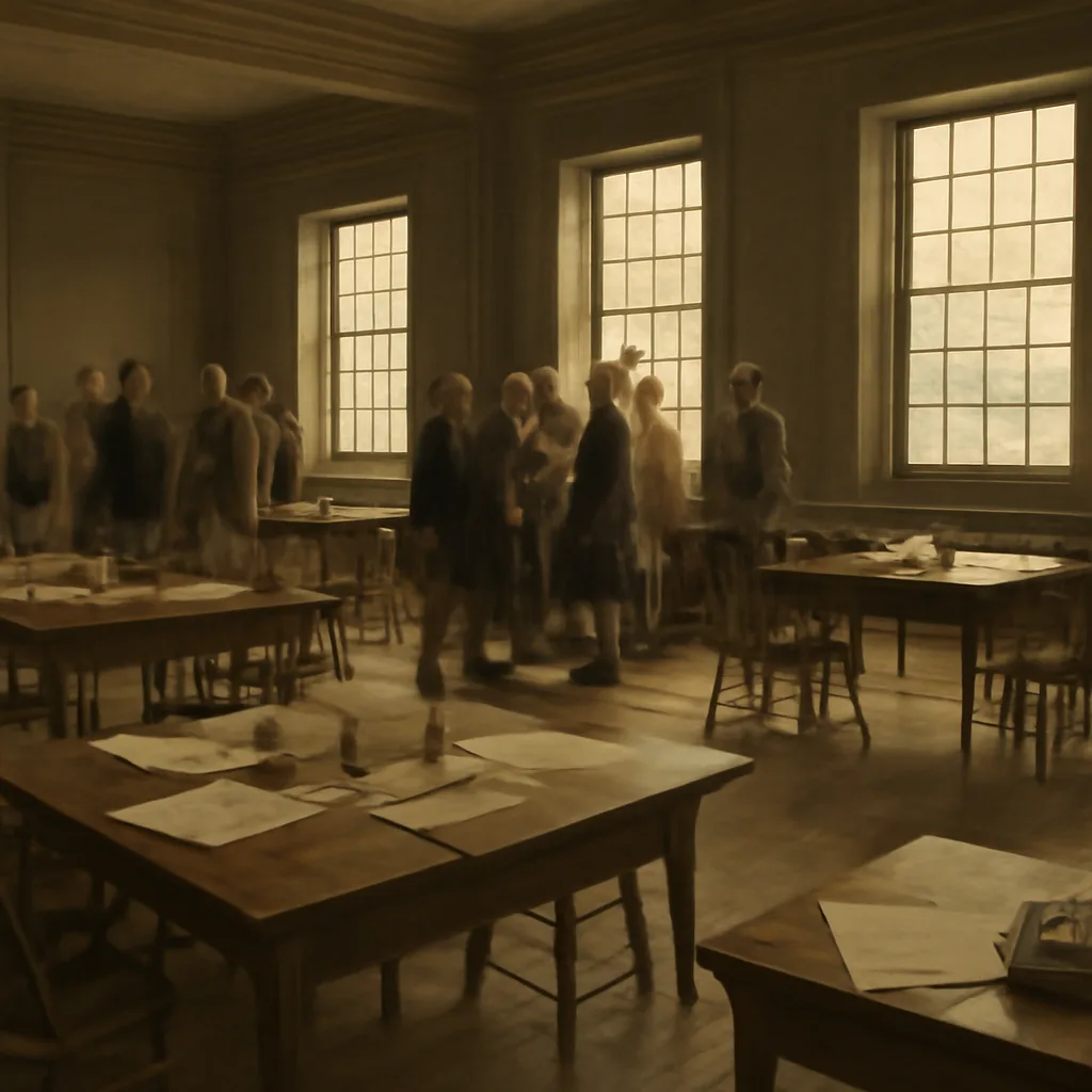 Wide interior of Independence Hall in 18th‑century Philadelphia showing delegates gathered around tables with papers and quill pens, candles and sunlight through tall windows, no identifiable faces.
