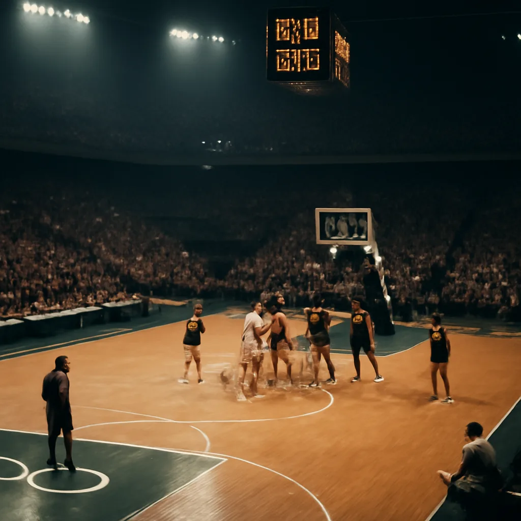 An indoor basketball arena in 1972 with players and officials near the baseline, a visible game clock above the court, and a crowded spectator stand; uniforms and equipment consistent with early 1970s international basketball.