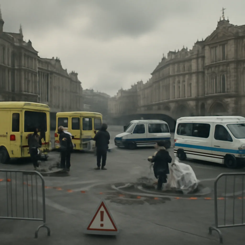 Emergency responders and police cordon off a city center street near a damaged public square after explosions; ambulances and forensic vans are present, with bystanders kept back behind barriers.