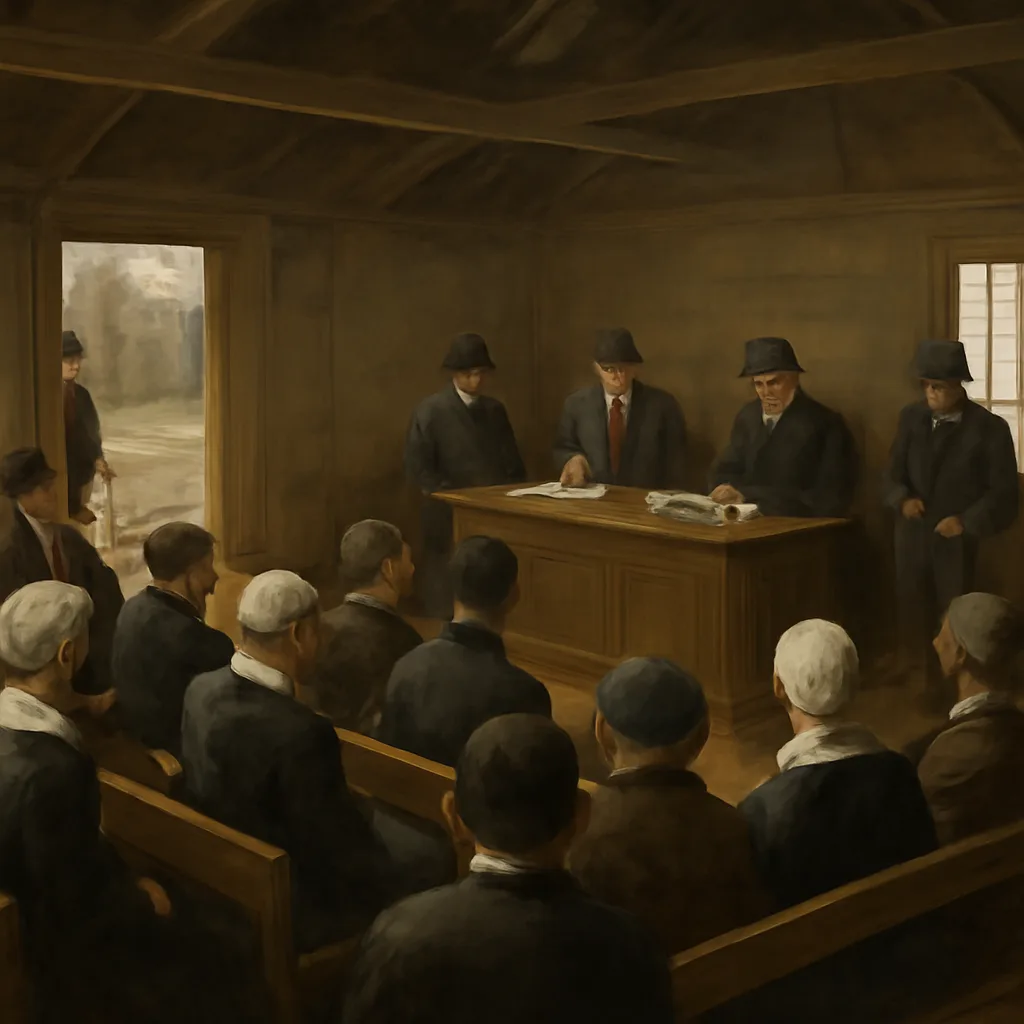 A late 17th-century New England courtroom scene: wooden benches and a raised bench for magistrates, townspeople gathered in plain colonial dress, papers and ledgers on a table, and a small cluster of guards outside a low window — no identifiable faces.