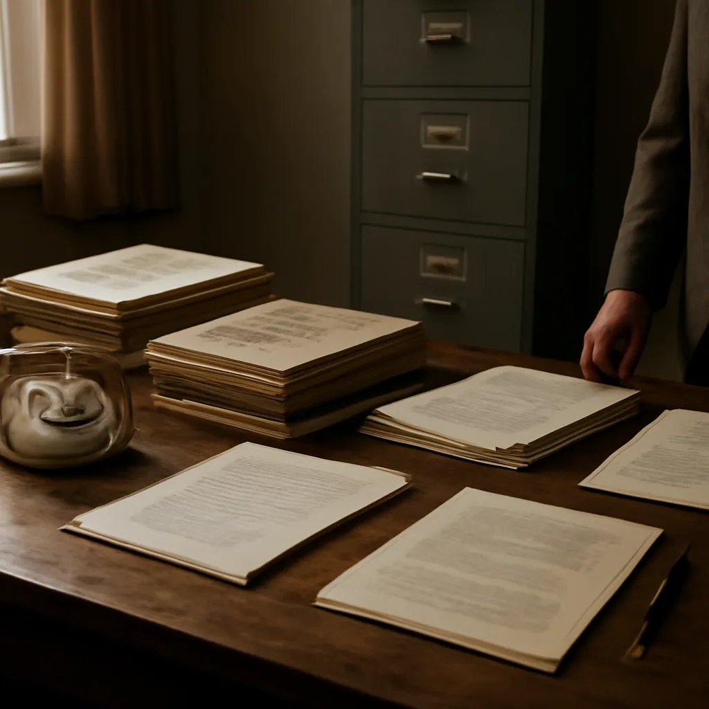Stacks of printed governmental reports and newspapers on a table in an office, with visible headlines about the Pentagon Papers (no identifiable faces).