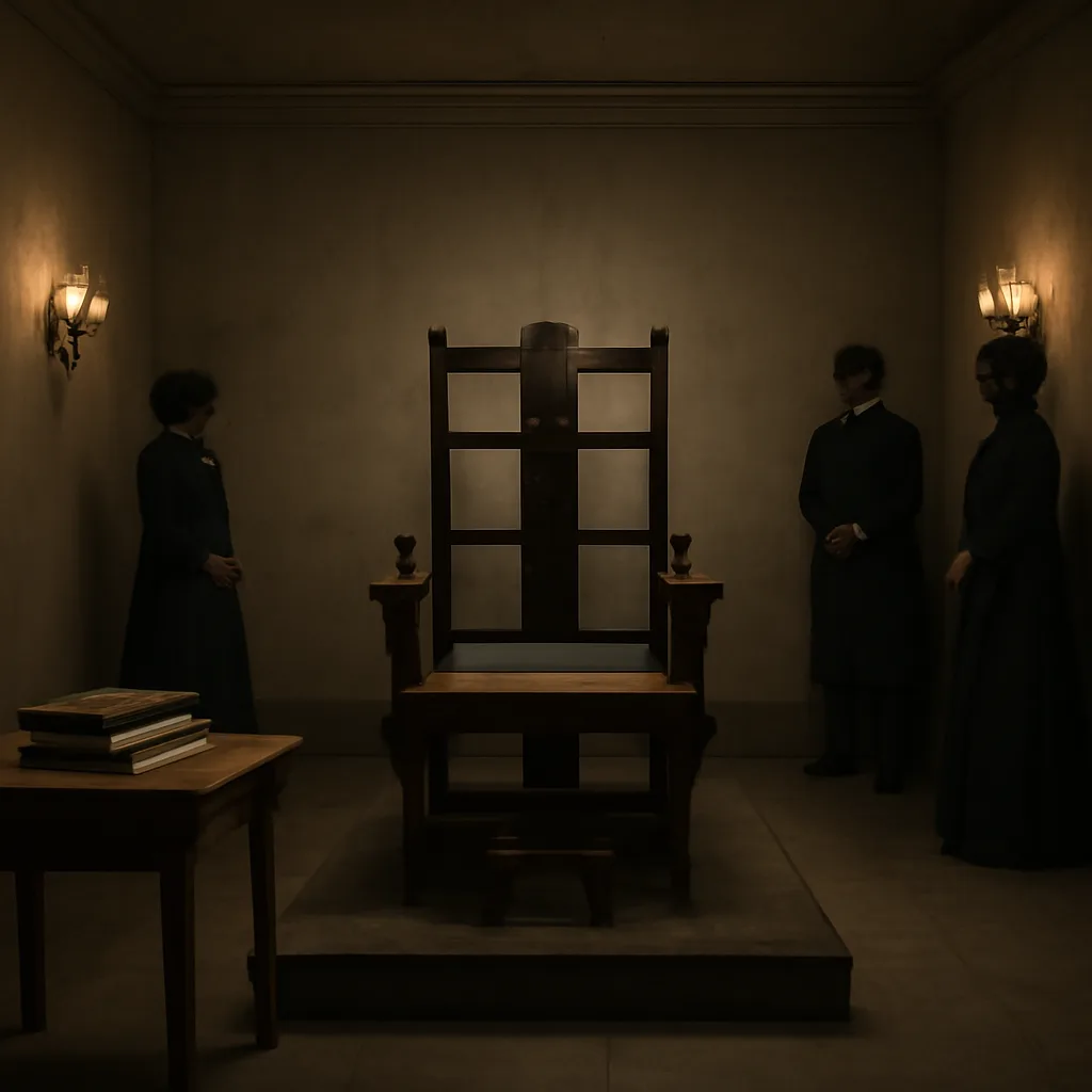 Late 19th-century execution chamber interior with an early electric chair on a platform, dim gaslight, attendants in period clothing, and legal documents on a nearby table.