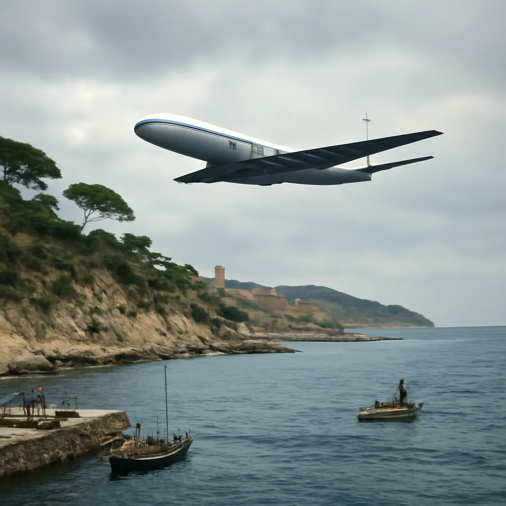A mid-1950s de Havilland Comet airliner over water near a Mediterranean coastline, viewed at a distance with no identifiable faces.