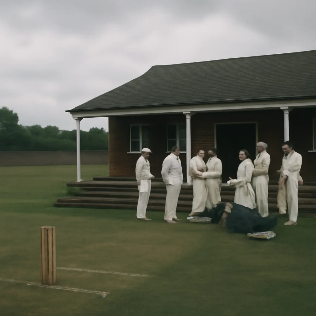 A local cricket ground in the early 1990s with an empty pitch, scattered kit bags on the pavilion steps and players standing around without bats.