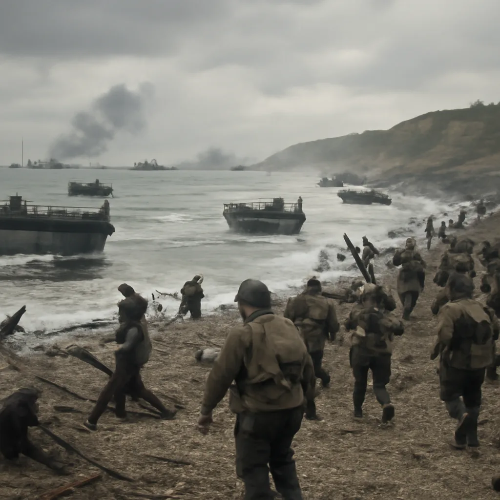 Allied landing craft approaching a fortified Normandy beach under overcast skies with warships offshore; troops disembarking toward obstacles and bunkers on the shoreline.