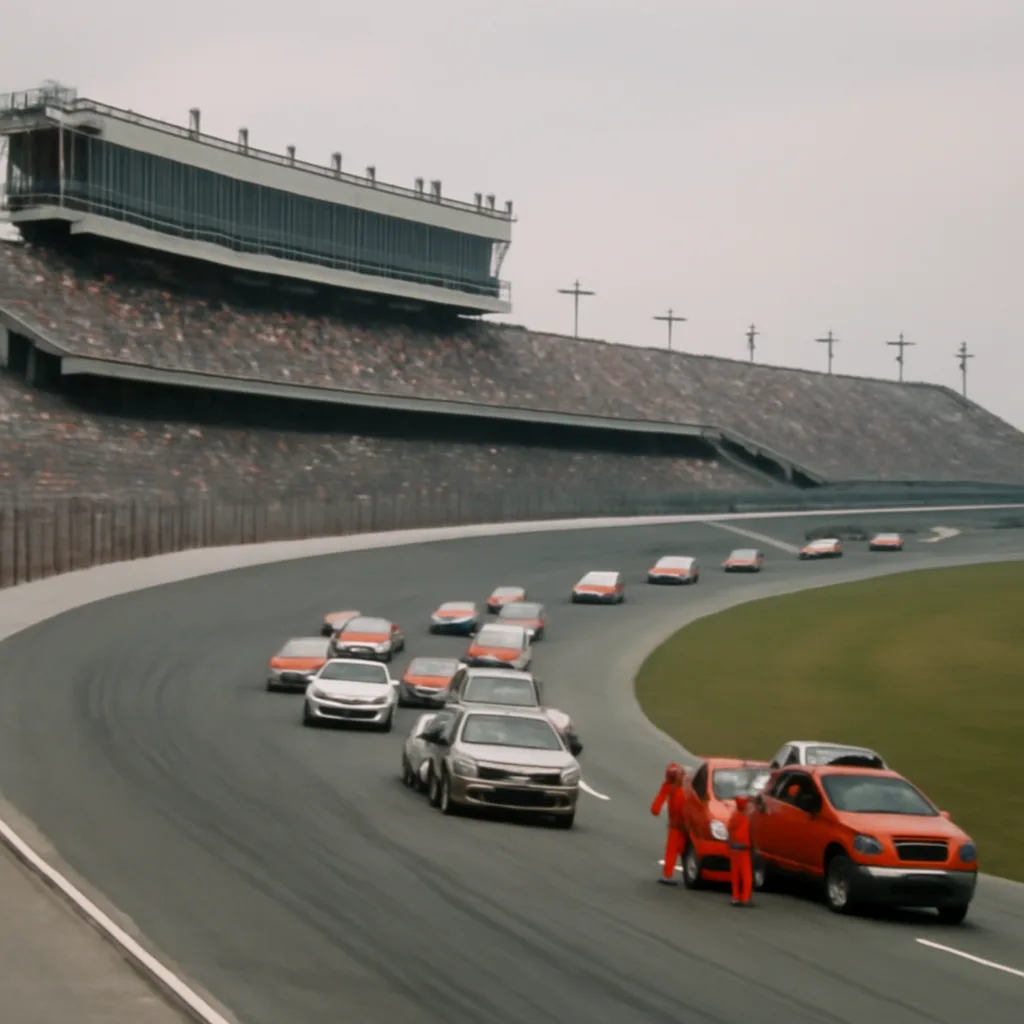 The infield and high-banked turns of Daytona International Speedway on a sunny day, with race cars on the track and emergency crews near the wall following a crash.