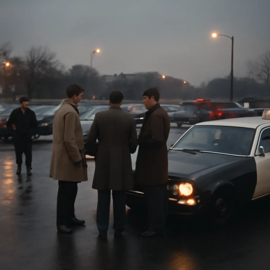 Police arresting a man beside cars in a 1970s-era parking lot in Yonkers, New York; vintage police car and officers in period uniforms visible, evening light.