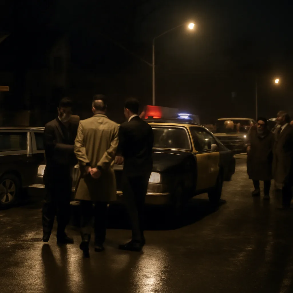 Police officers escorting a man in custody near parked patrol cars in a 1970s suburban New York street at night; a crowd and media in background.