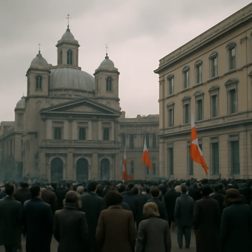 Crowd outside a basilica in Madrid in 1975 near the time of Francisco Franco’s death, with period clothing and flags; general street scene from late Franco-era Spain.