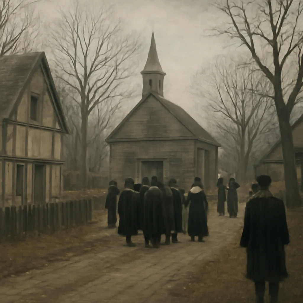 A late 17th-century New England town green with wooden houses and a colonial courthouse; figures in period clothing gather at a distance, conveying solemnity and tension.