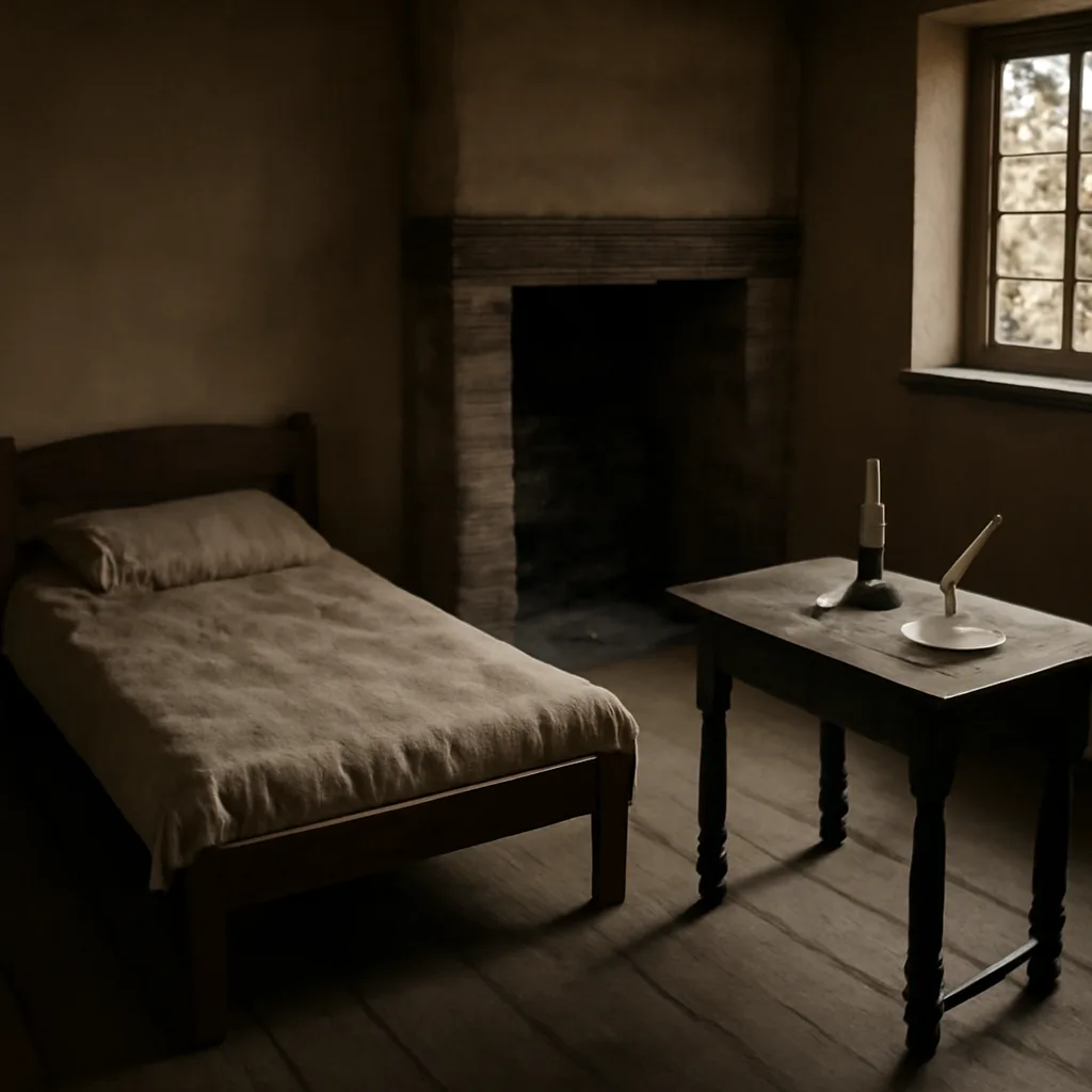 An 18th-century interior with a small bed near a hearth and a candle on a table, papers and a printed broadside on the wall, suggesting a domestic setting where an unusual death might be reported.