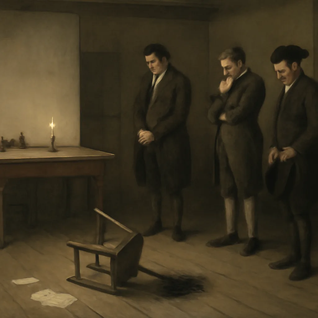 An 18th-century interior showing a modestly furnished room with a charred area on the floor and investigators in period dress examining the scene; no identifiable faces.