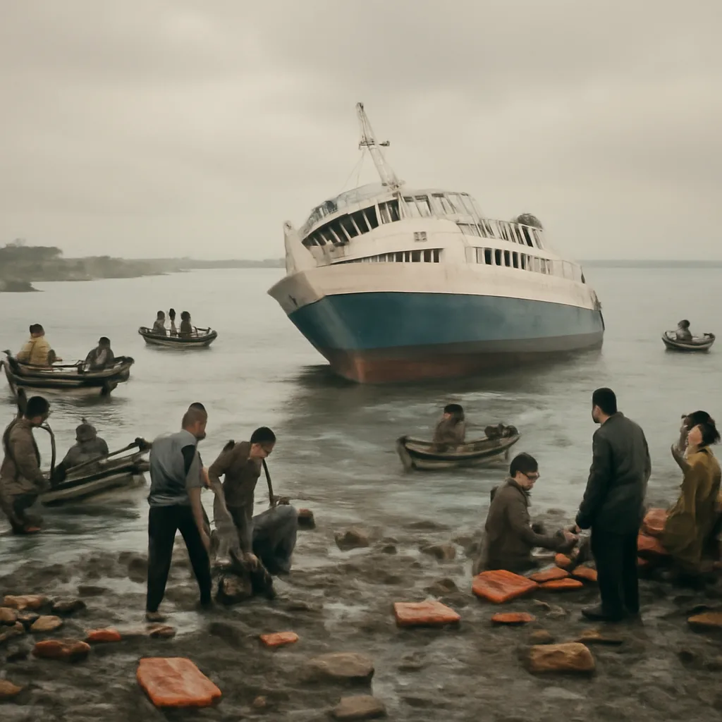Beached or overturned passenger ferry hull near a Philippine shoreline with rescue boats and debris in the water; overcast sky and somber atmosphere.