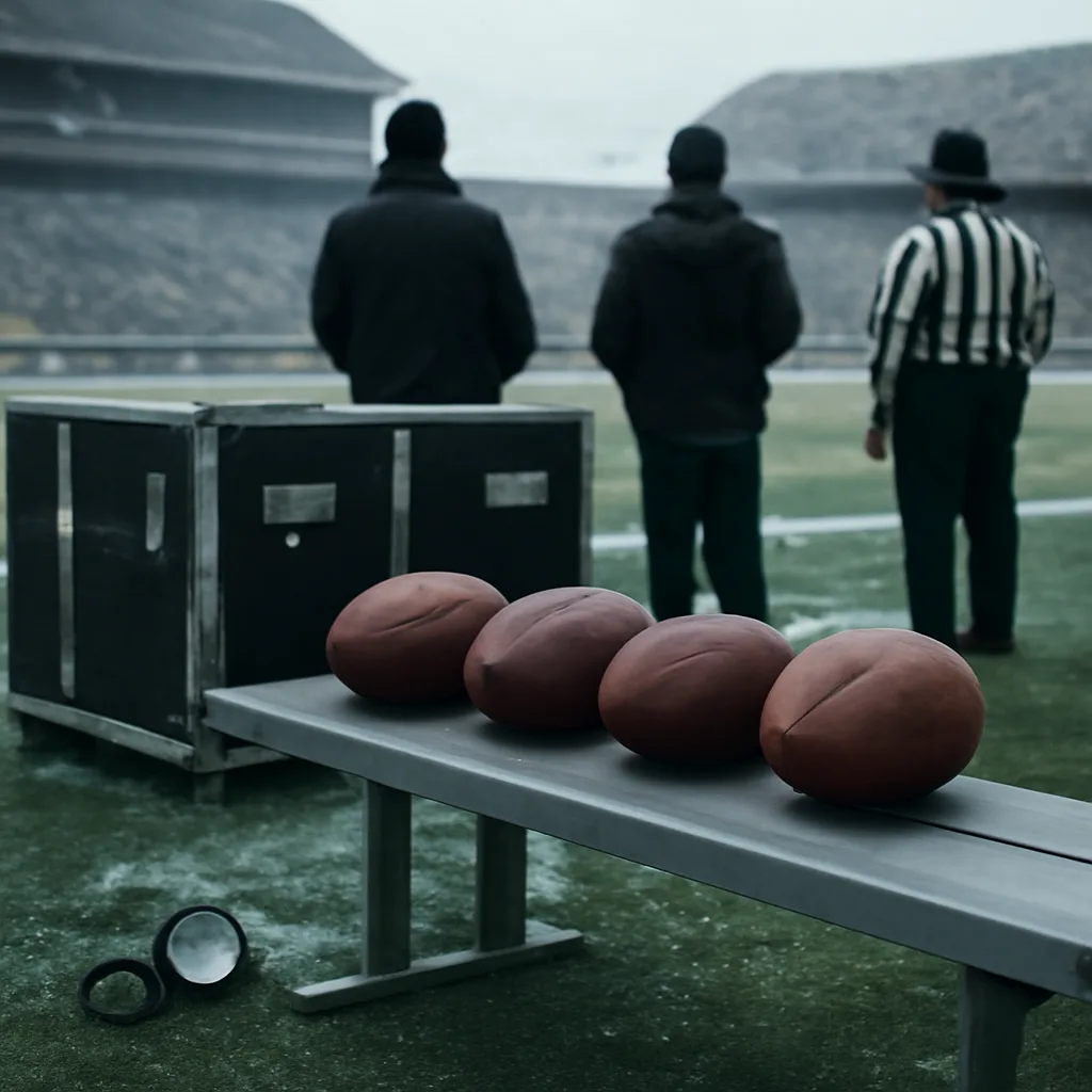 Football on the sideline with measuring gauge nearby and officials' equipment cases, at an outdoor stadium during winter conditions.