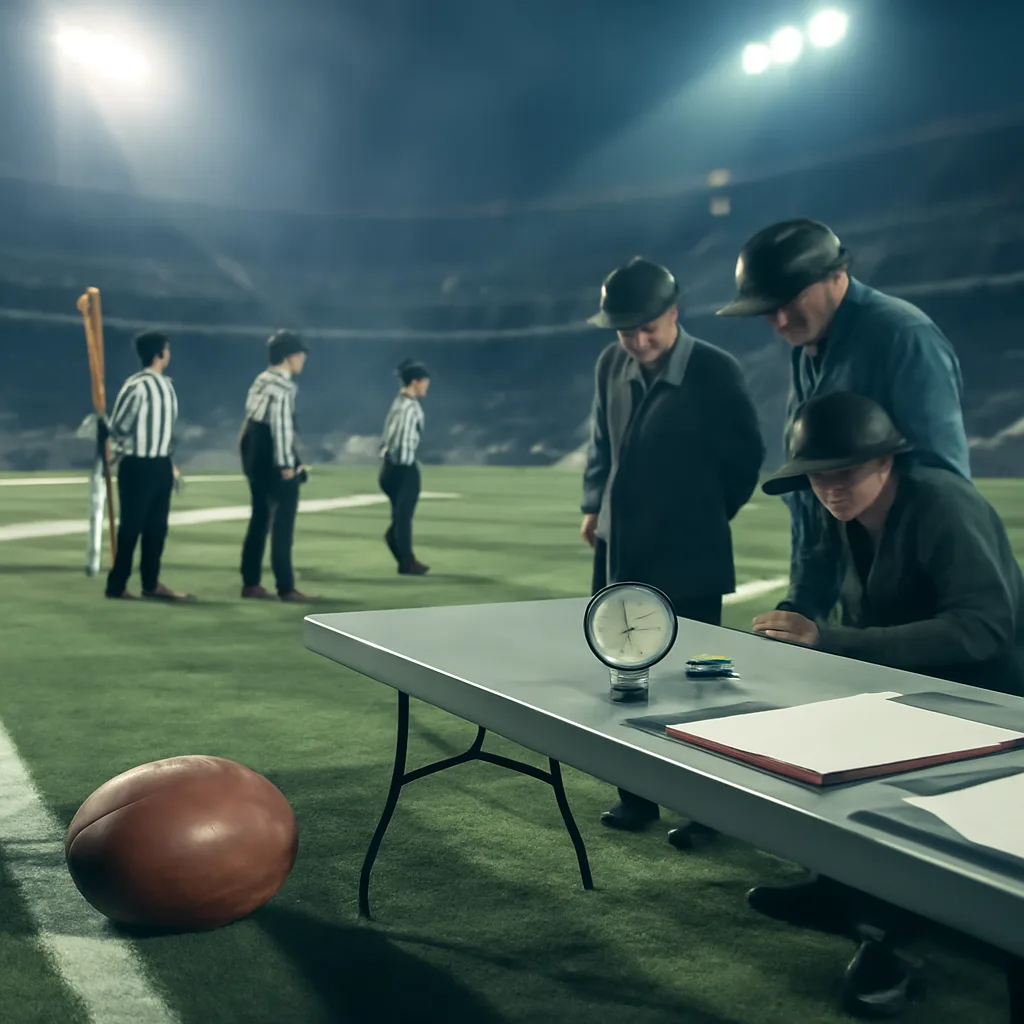 Football on the sideline at an indoor stadium with a referee and equipment table nearby, showing a game-day setting and official equipment handling.