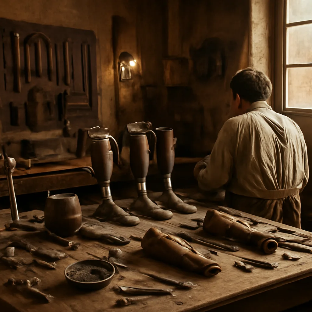 A 19th-century workshop scene showing a table with a jointed artificial limb made of metal, wood and leather; tools and fittings nearby; a partially visible craftsman in period work clothes without a clear face.