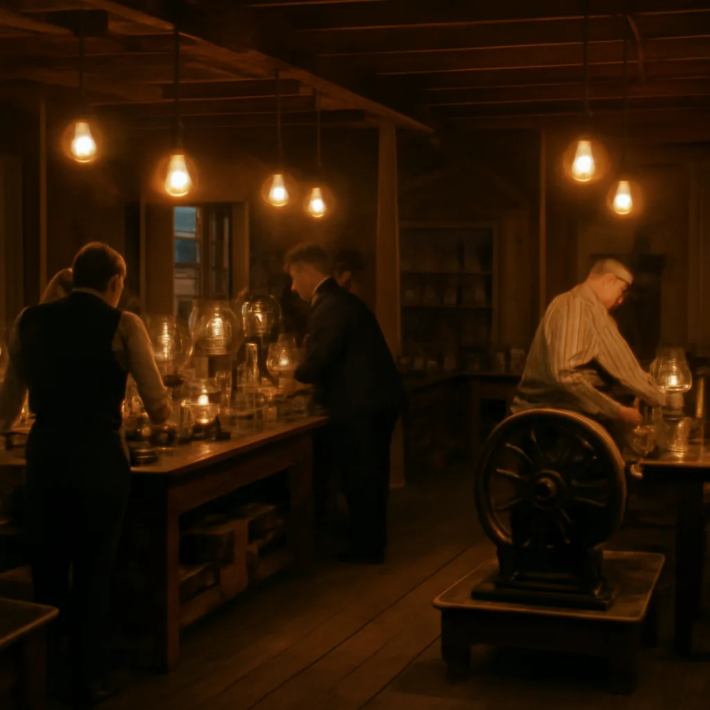 Late 19th-century laboratory interior with glass light bulbs mounted in simple fixtures, a belt-driven dynamo in the background, benches with glassware and electrical apparatus, and technicians in period clothing working on wiring and lamps.