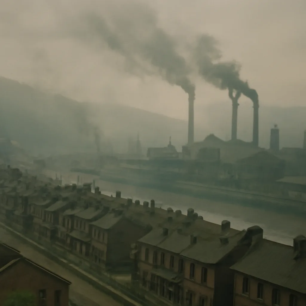 Early evening view of Donora, Pennsylvania, in a narrow river valley with heavy industrial smoke and a low, thick haze obscuring buildings and hills.