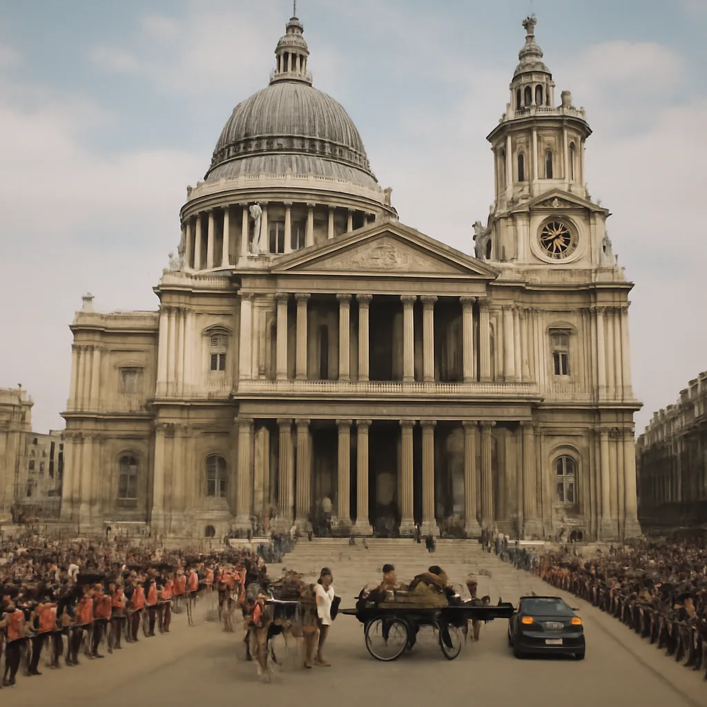 Exterior of St. Paul's Cathedral with crowds gathered outside and formal vehicles on a ceremonial procession route during a royal wedding day.