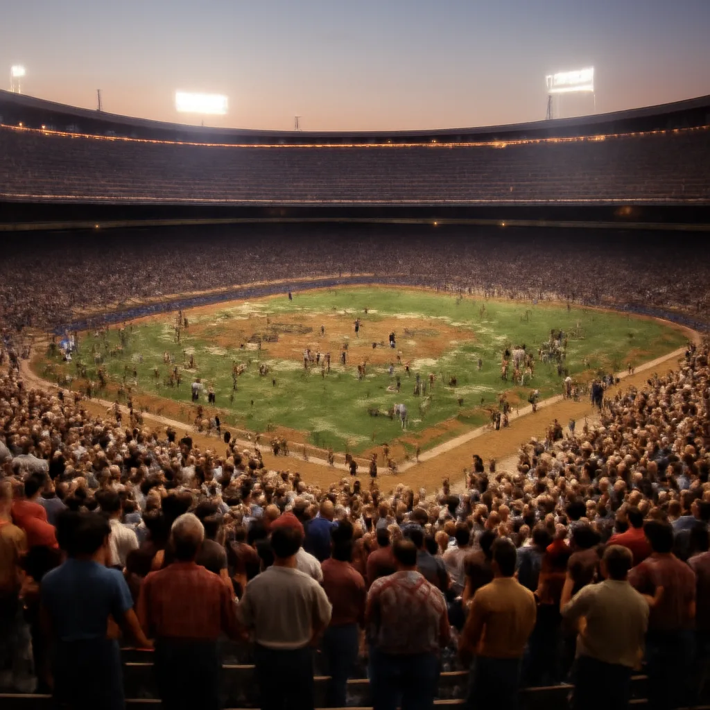 Crowd-filled Comiskey Park in 1979 shortly after a record-destruction stunt, with debris on the field, fans on the diamond, and visible damage to seating areas.