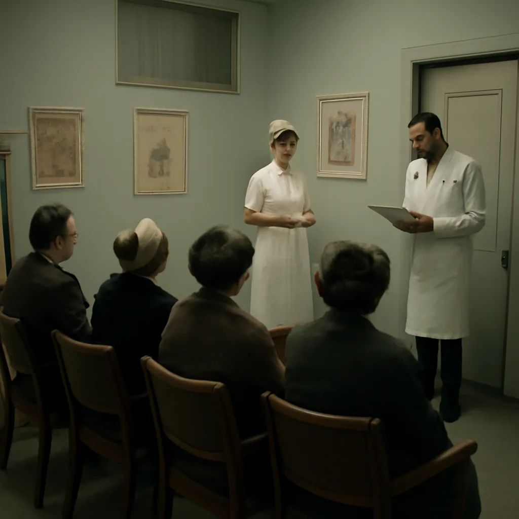 A mid-1960s clinic waiting room with seated patients and physicians consulting charts, capturing a tense but orderly public-health setting.