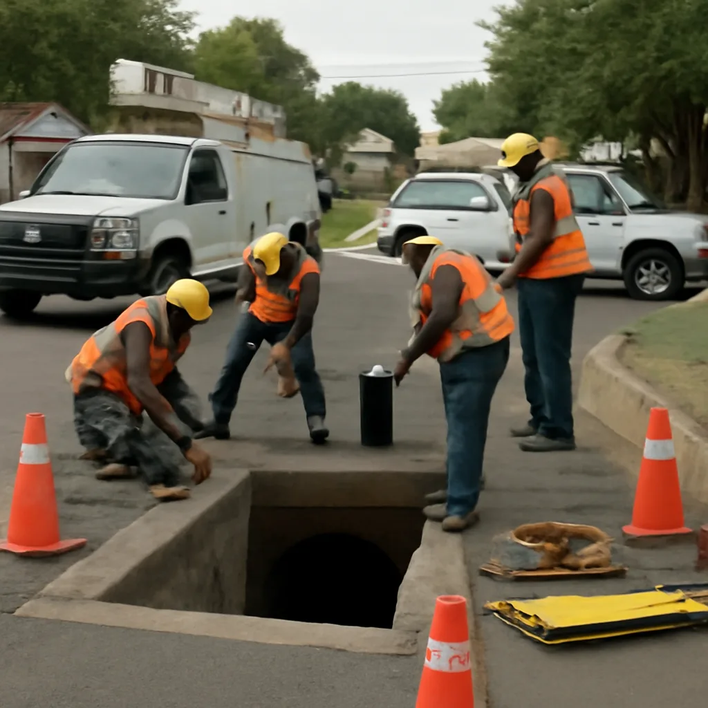 Rescue personnel at the mouth of a concrete storm drain beside a city street, preparing equipment to access an underground tunnel; empty stretch of pavement, tools and a stretcher visible.
