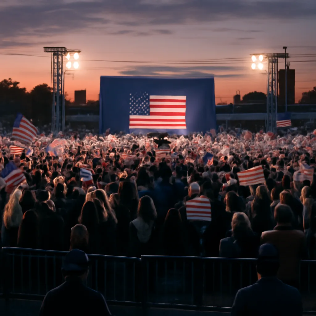 Crowd outside a campaign rally in 2016 with American flags and campaign signs, scene suggesting a large political event during the 2016 U.S. presidential campaign.