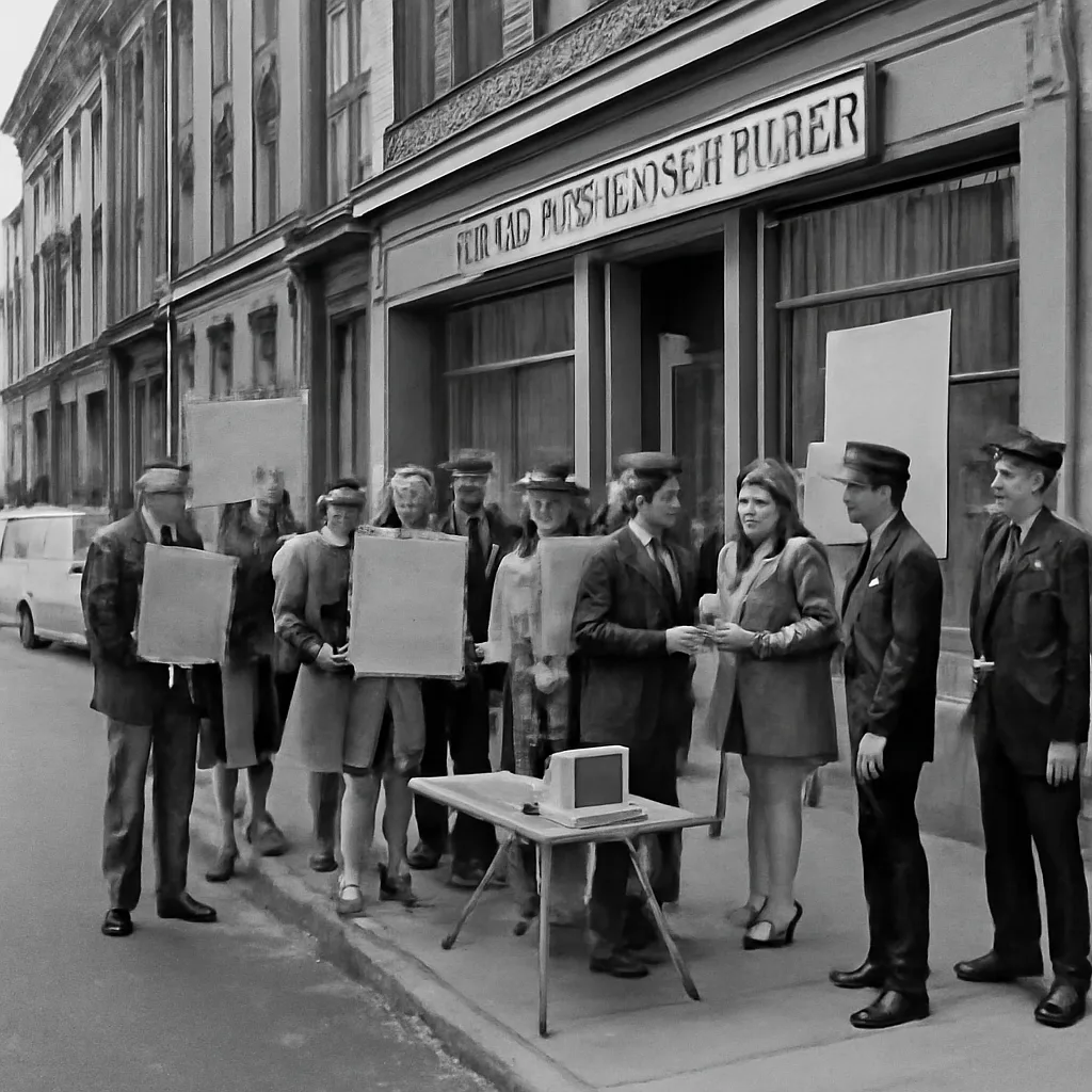A 1960s-era street scene of college-age protesters and draft counselors outside a Selective Service office, with protest signs and period clothing; faces are not individually identifiable.