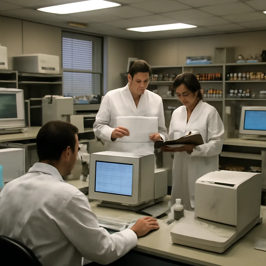 Scientists and technicians in a genomics laboratory circa 2000, with computer terminals, sequencing equipment, and printed DNA sequence readouts on desks.