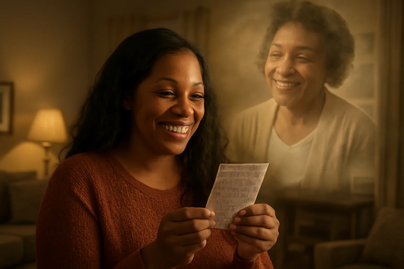 South Carolina woman smiling while holding a lottery ticket with a translucent figure of an older woman in the background symbolizing a motherly presence