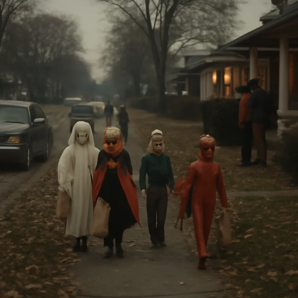 A 1970s residential street in the United States at dusk with children in simple, era-appropriate Halloween costumes carrying paper bags and adults watching from porches; houses with porch lights on and fall leaves on the ground.