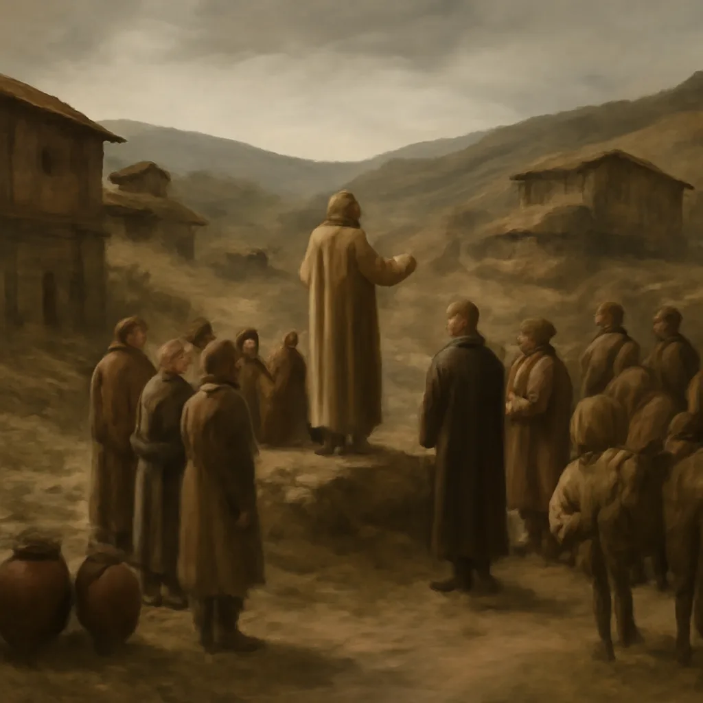 A broad, respectful historical scene of a medieval Anatolian settlement with a small assembly of people listening to a robed leader near a simple timber and stone building; no identifiable faces.
