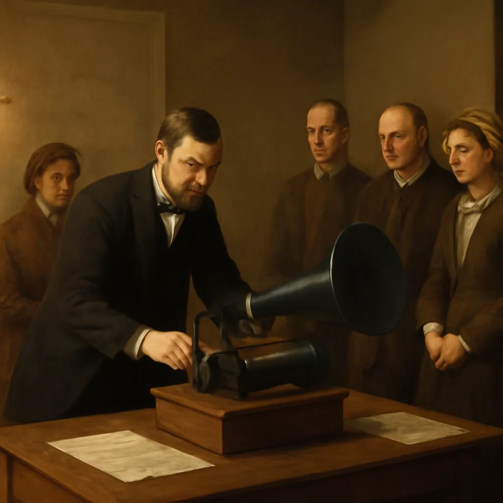 A 19th-century demonstration room with a horned acoustic apparatus on a table and soot-coated paper rolls; attendees in period clothing observe while a technician examines the device.