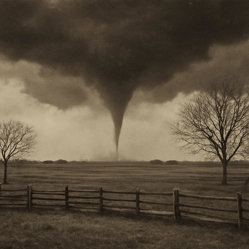 Black-and-white photograph from 1884 showing a funnel-shaped cloud extending from storm clouds toward a flat rural landscape with sparse trees and fences.