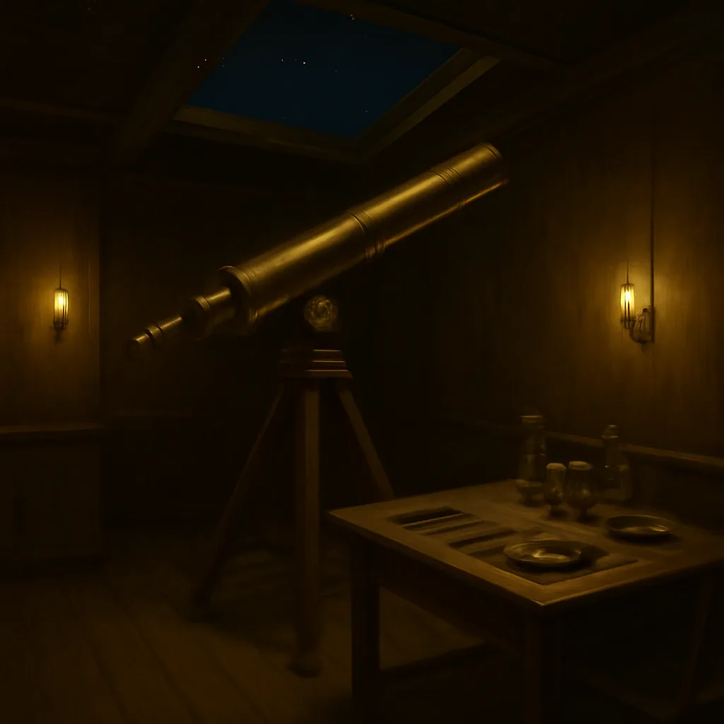 19th-century observatory interior showing a brass refracting telescope aimed through a roof aperture, a wooden table with daguerreotype plates and a small chemical tray, gas lamps, and an observer in period dress partially turned away.