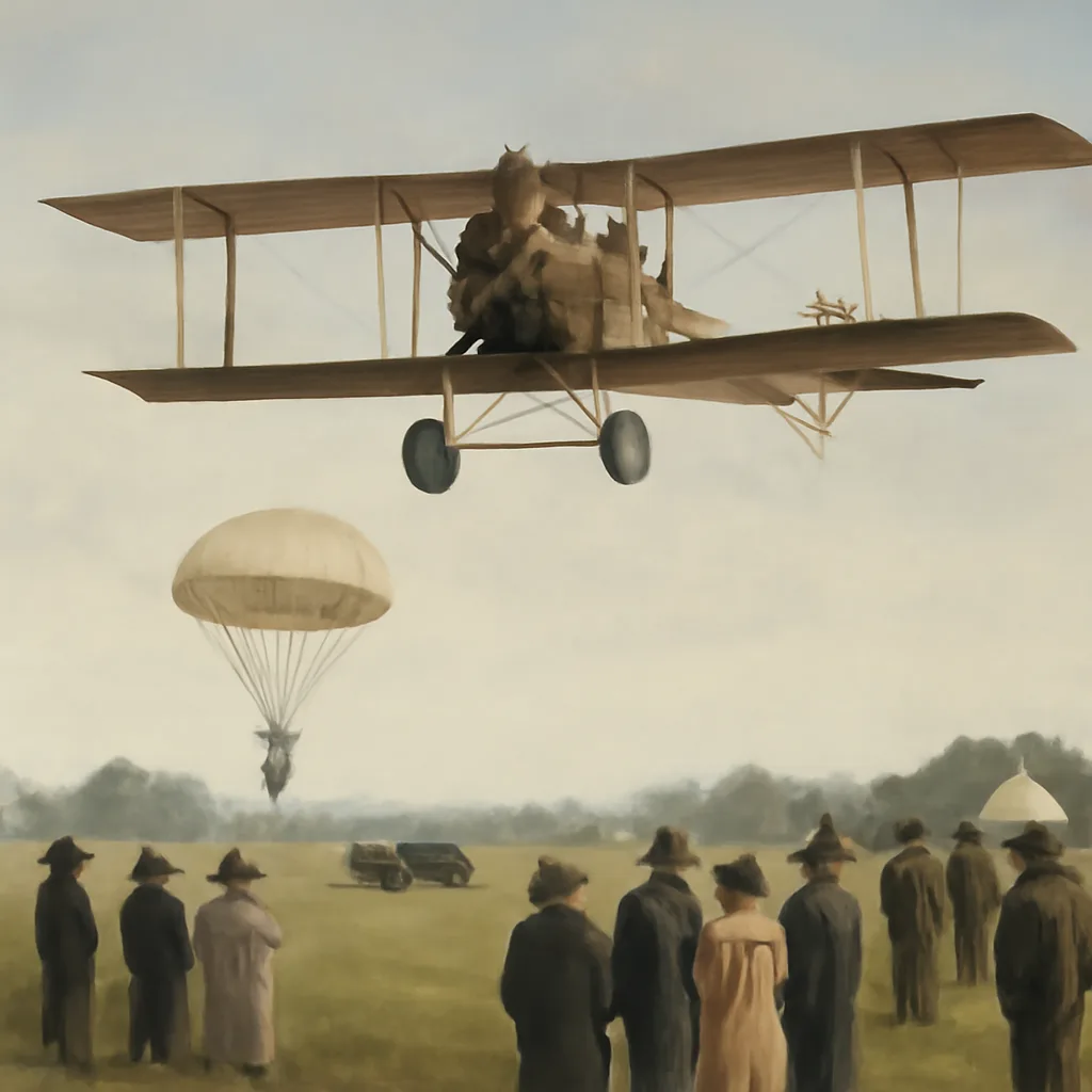 Early biplane in flight over an open field with a parachutist descending beneath a round parachute; aviators and spectators on the ground in period clothing.