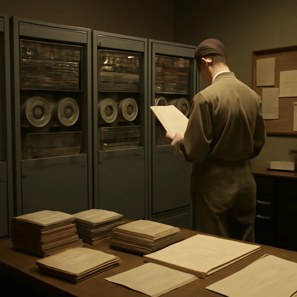 A mid-20th-century computing room with tape reels, punch-card boxes, and an engineer consulting printed program listings—an atmosphere of early computational experimentation.