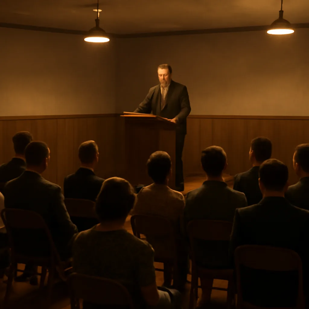 A 1950s-era meeting hall with a small congregation listening to a single speaker at a podium; men in suits and women in modest dresses seated in wooden chairs, overhead lighting and a simple stage.