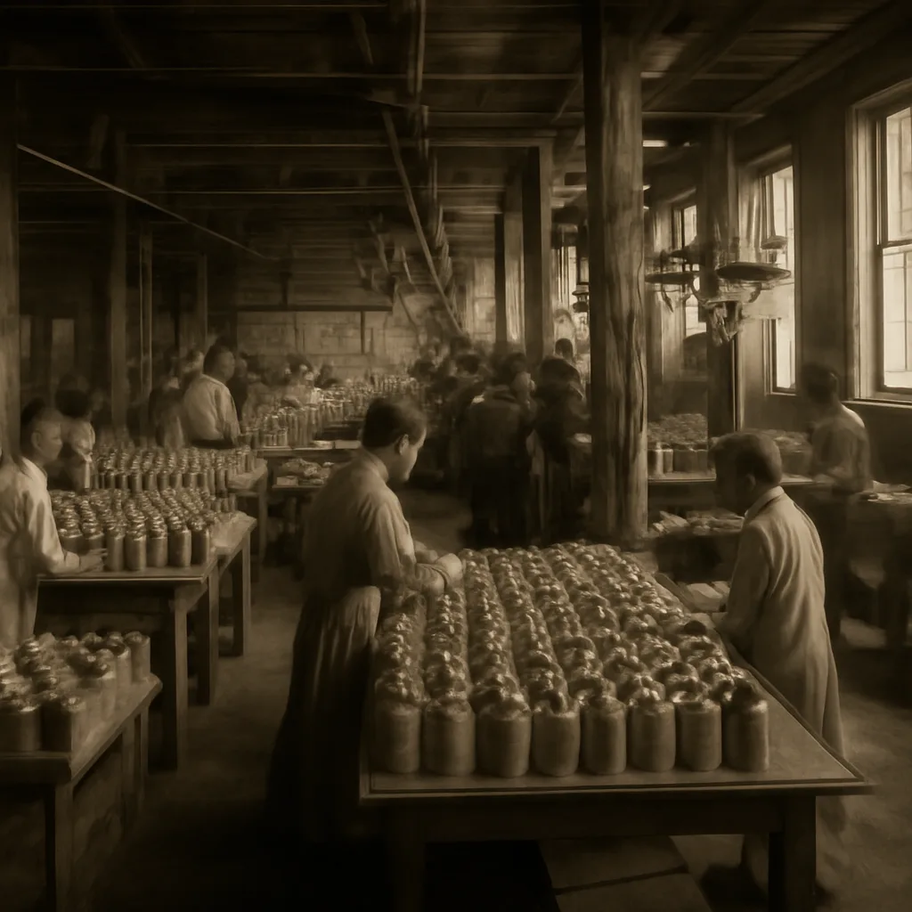 Late 19th-century canning factory interior with workers handling metal cans and wooden crates, steam-powered machinery and simple sanitation conditions visible.
