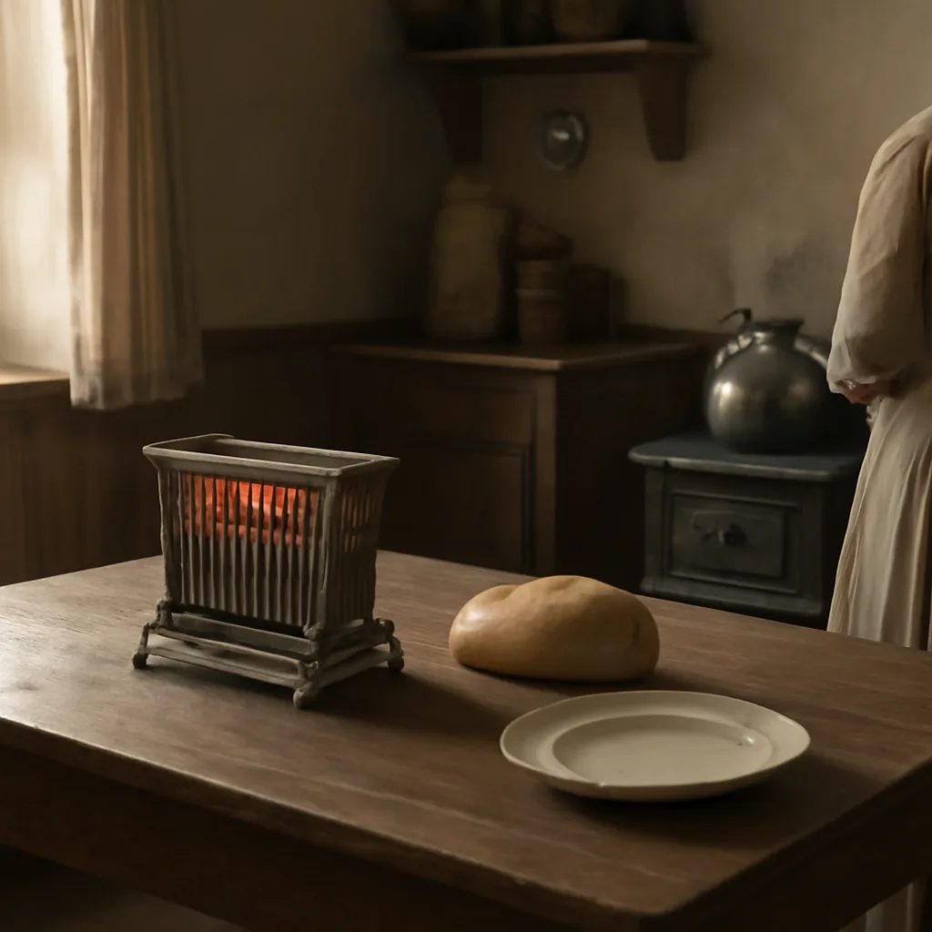 Early 20th-century kitchen scene showing a tabletop electric toaster with metal heating elements and a spring-action carriage beside a loaf of bread and a kettle, circa 1909.